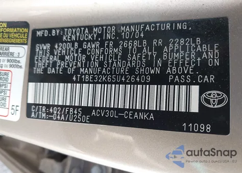 2005 Toyota Camry Le z USA, uszkodzony, nr VIN 4T1BE32K65U426409